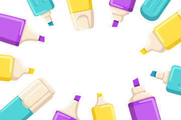 Background with cute colorful marker pen. School stationery. Copy space