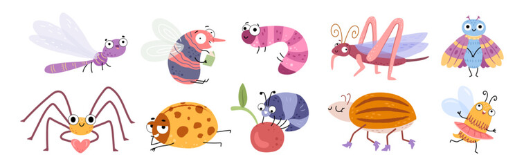 Bugs, isolated funny insects mascots. Vector smiling worm, spider and moth. Chilling ladybug, happy potato beetle and field cricket. Exited dragonfly, honey bee and mosquito. Wildlife fauna