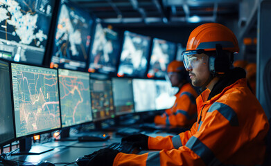 Control room operators in orange safety gear monitor multiple screens displaying various data and systems.