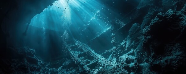 Sunbeams illuminate an underwater cave, casting ethereal light on the dark, mysterious depths.