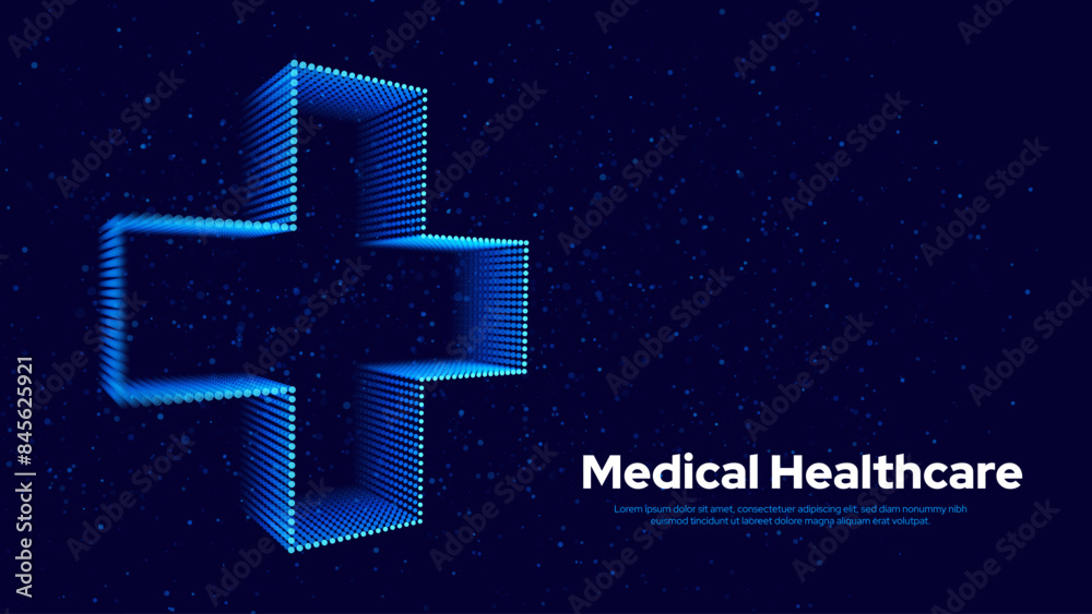 Aufkleber 3d blue digital wireframe grid plus sign background. lines and dots aid and health care for hospital