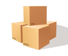 Pile Of Stacked Goods in Cardboard Boxes. Carton Delivery Packaging With Fragile Signs. Moving Boxes 3D Vector Illustration Isolated On White Background.