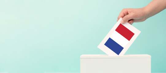 France election, ballot box, citizens voting new Parliament, political decision, french flag with...