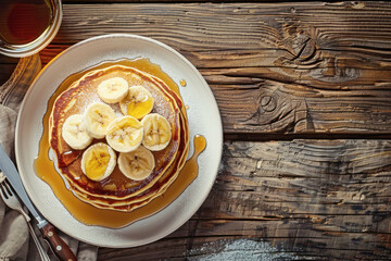 Fonio Pancakes Stacked High with Banana Slices and Syrup on White Plate with Fork and Knife - Wooden Breakfast Table Setting