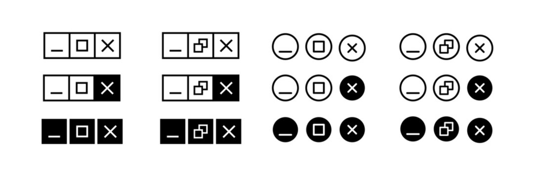 Browser web button icons. Close window icon. Maximize, minimize full icons set. Vector