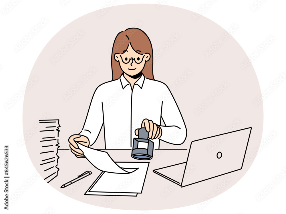 Wall mural Confident businesswoman sit at desk work on computer stamp documents. Smiling female employee sign paperwork in office. Secretary work. Vector illustration. - Wall murals