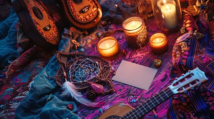 A bohemian-style arrangement with a patterned fabric, dreamcatchers, colorful candles, small guitar and a feather pen. 
