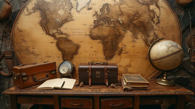 Old World Map Adventure. An antique world map as the background, with a compass, an old-fashioned suitcase and vintage globe. 