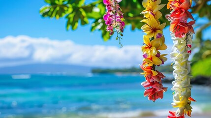 vibrant hawaiian coastal landscape with colorful tropical flower lei garlands copy space
