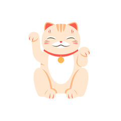 Japanese happiness cat with raised paw. Maneki neko cat, japanese fortune symbol cartoon vector illustration
