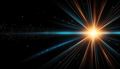 Naklejka premium Modern abstract sun burst, digital flare, iridescent glare, lens flare effects over black background for overlay designs