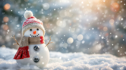 A cheerful snowman with a knit hat and scarf poses in a snowy landscape amid falling snowflakes