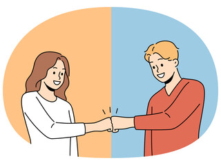 Obraz premium Smiling man and woman give fists bump engaged in teamwork. Happy couple male gesture greeting or making deal. Cooperation. Vector illustration.