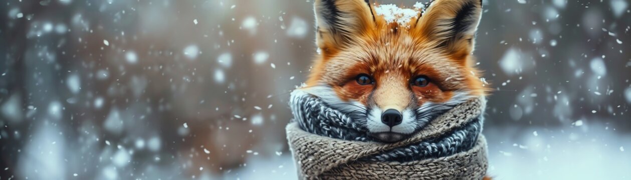 Adorable fox in a scarf in snowy setting, soft lighting, closeup