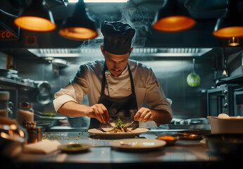 The chef decorates the dish