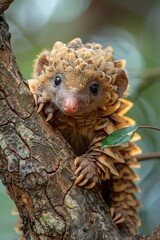 Obraz premium Baby pangolin on tree trunk, soft natural light, closeup