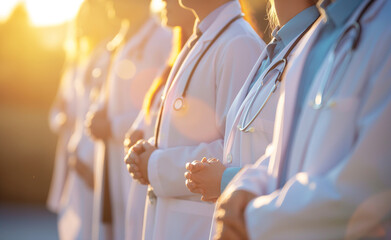 A group of doctors standing together in a row, symbolizing unity and dedication in healthcare.