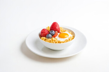 Breakfast Bowl with Fried Egg, Raspberries and Blueberries