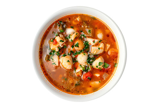 Kakavia Cretan fisherman's soup in a white ceramic bowl