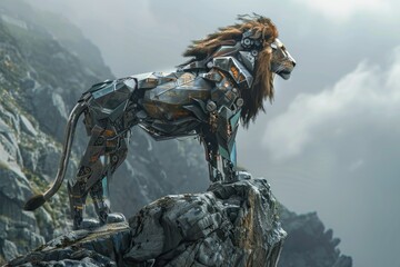 A robot lion stands on a rocky mountain