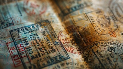 Naklejka premium A passport stamped with various destinations