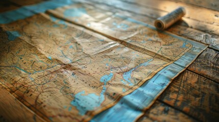 Naklejka premium A map spread out on a wooden table