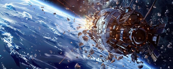 Advanced space junk handler robot capturing debris in Earths orbit, futuristic technology, detailed machinery, highdefinition, outer space background