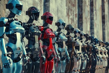 A row of robots stand in a line, some of them are red and some are white