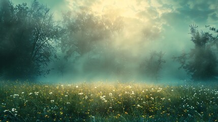 **Spring fog over a meadow on a solid background