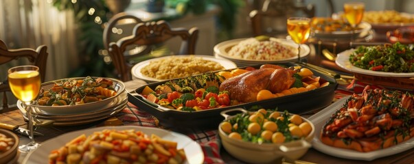 Hosting a Friendsgiving potluck, November 18th, diverse dishes and friendship, 4K hyperrealistic photo.