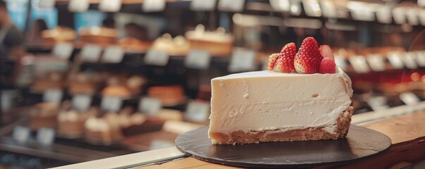 Celebrating National Cheesecake Day with friends at a cheesecake shop, indulging in delicious slices, 4K hyperrealistic photo.