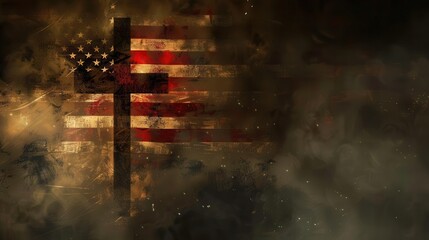 vintage engraved american flag cross silhouette in smoky atmosphere patriotic concept illustration digital paintings