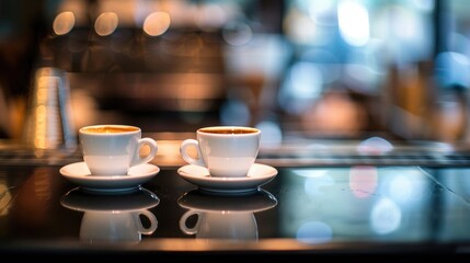 Reflection of two cups of coffee on a coffee counter