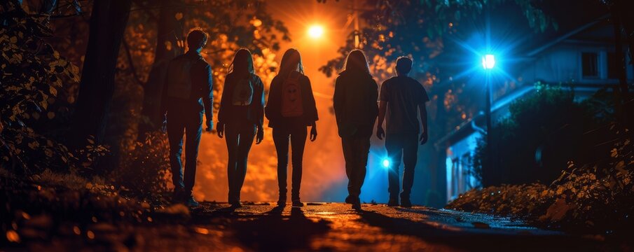 Friends going on a ghost tour for National Mole Day, October 23rd, learning spooky science facts, 4K hyperrealistic photo.