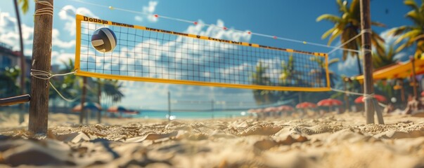 Beach volleyball tournament on sandy shores, competitive spirit and summer fun, 4K hyperrealistic photo.