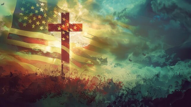 vintage engraved american flag cross silhouette in smoky atmosphere patriotic concept illustration digital paintings