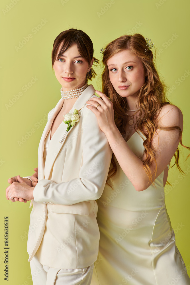 Wall mural a lesbian couple in white wedding attire poses together against a green backdrop.