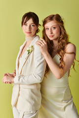 A lesbian couple in white wedding attire poses together against a green backdrop.