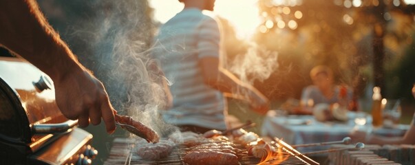 Friends having a barbecue for National Men Make Dinner Day, November 1st, grilling and enjoying a meal prepared by the men, 4K hyperrealistic photo.