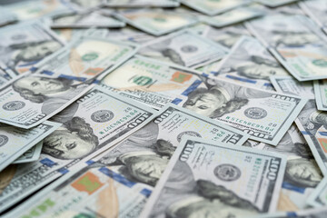 Pile of new 100 one hundred dollars as finance background. Nobody, usa money