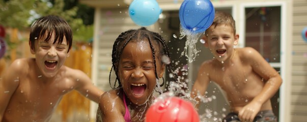 Kids having a fun water balloon fight for National Root Beer Float Day, August 6th, laughter and playful splashes, 4K hyperrealistic photo.
