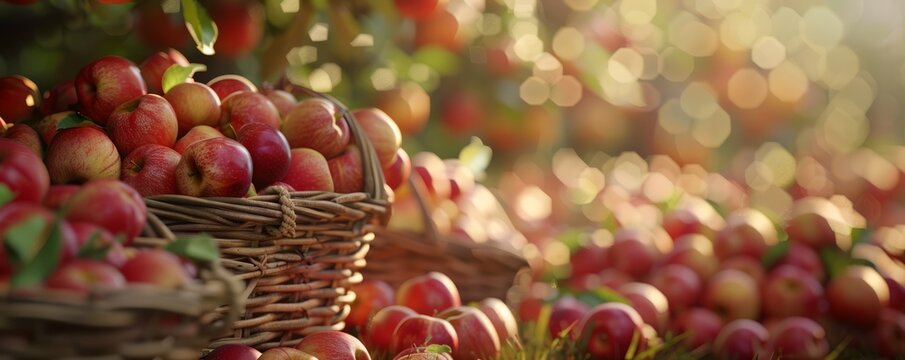 Harvesting apples for National Apple Day, October 21st, baskets full of fresh fruit, 4K hyperrealistic photo. - Powered by Adobe