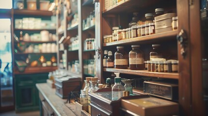 vintage pharmacy interior with shelves of drugs and medications blurred background pharmaceutical concept