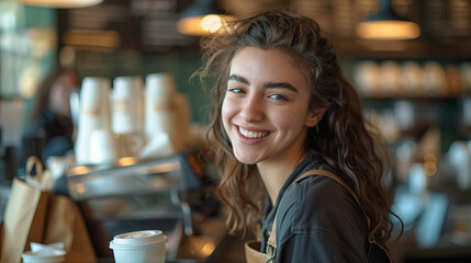 A young woman barista smiling while making a coffee latte macchiato in a cafe.