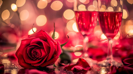 Beautiful photo of roses and wine glasses for Valentine's Day.