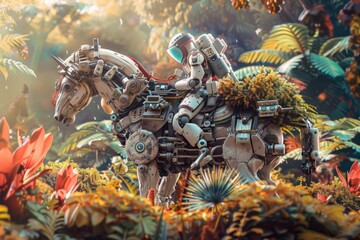 A robot is riding a horse in a jungle