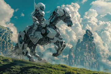 A robot is riding a horse in a field