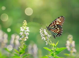 Obraz premium Photo of butterfly on flower in garden, blurred green background with copy space 