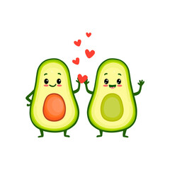Avocado cartoon character. A couple of avocados. Card with cute avocados and hearts. Valentine's Day.