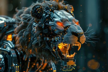 A lion with a mechanical face and glowing eyes